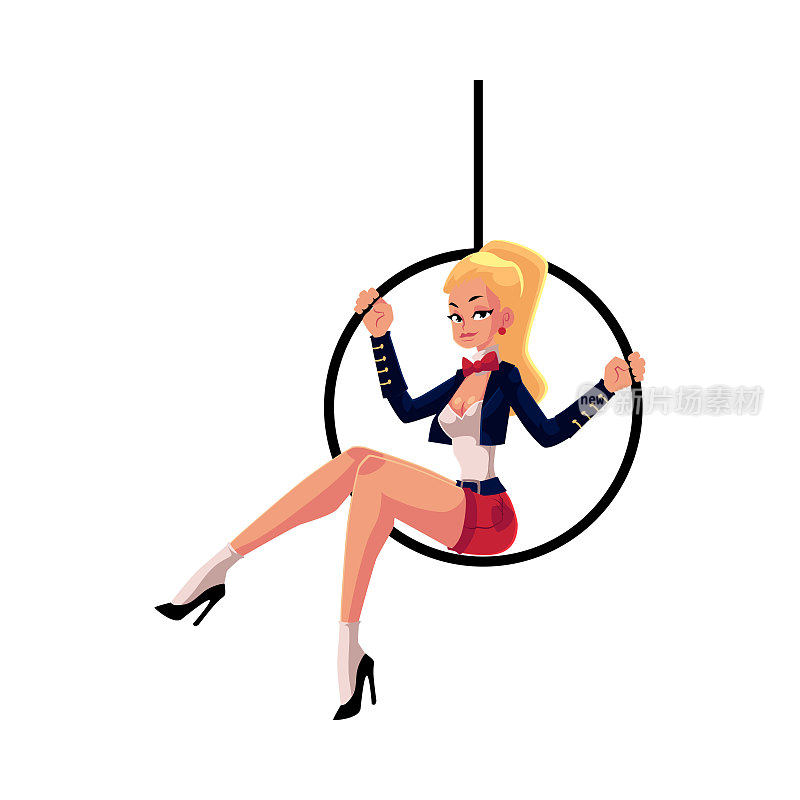Young and beautiful blonde gymnast sitting on aerial hoop